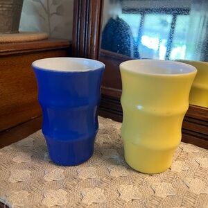 HAZEL-ATLAS Vintage Milk Glass Tumblers Fired-On Color Blue Yellow‎ Set of 2 GUC